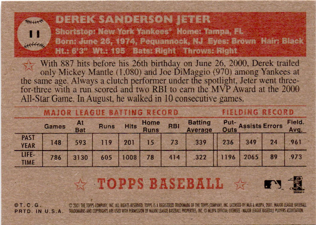 2001 Topps Heritage #11b Derek Jeter : Black Back