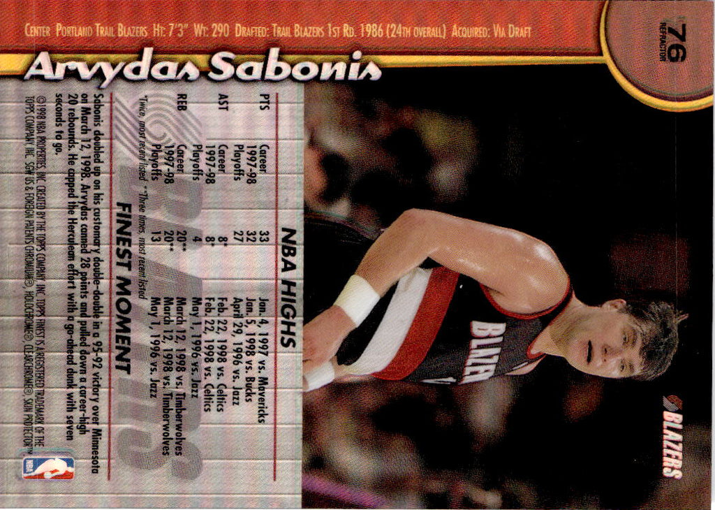 1998-99 Finest #76 Arvydas Sabonis No-Protector Refractors