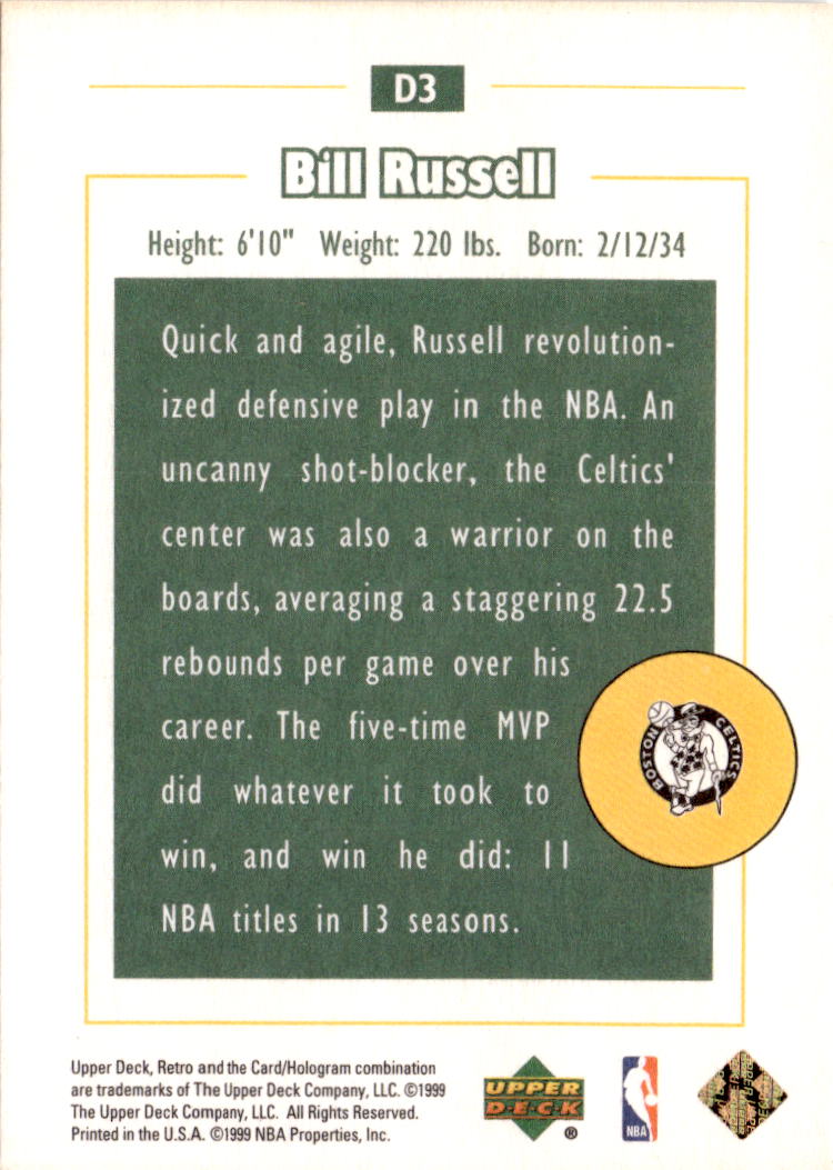 1999-00 Upper Deck Retro #D3 Bill Russell Distant Replay