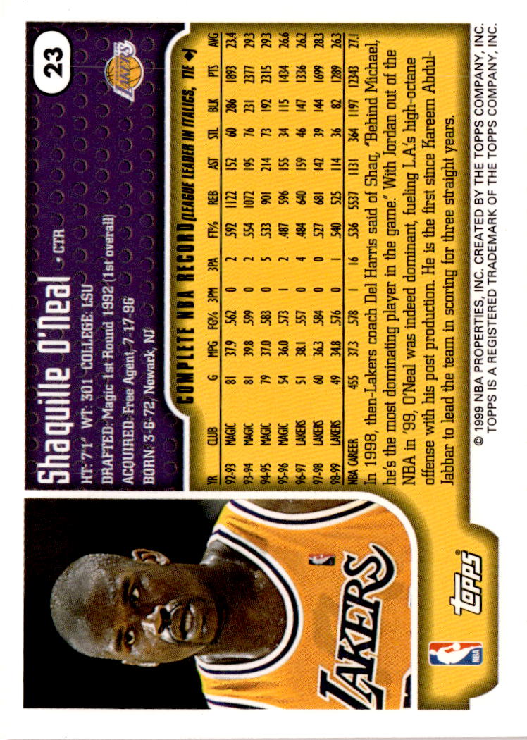 1999-00 Topps #23 Shaquille O'Neal