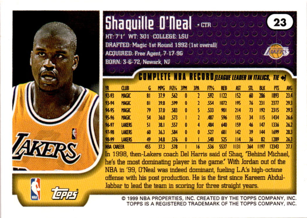 1999-00 Topps #23 Shaquille O'Neal