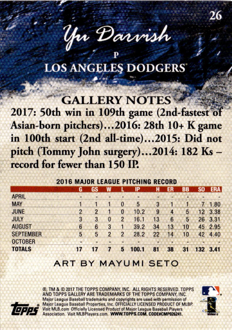 2017 Topps Gallery #26 Yu Darvish Orange #/25