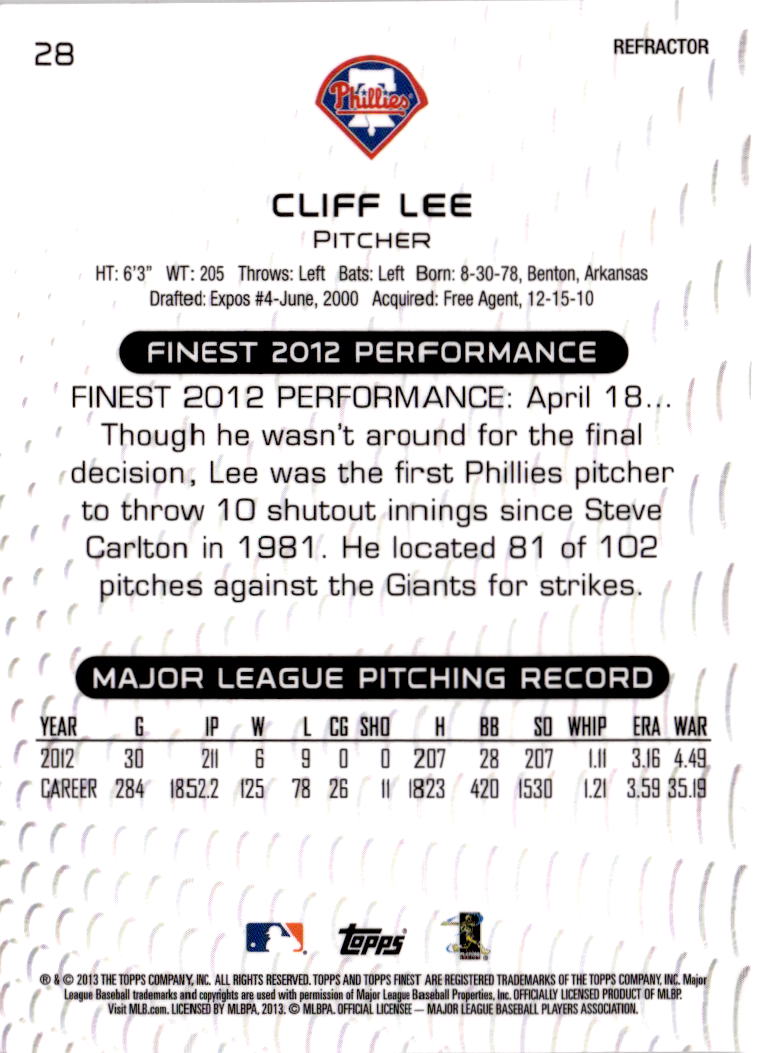 2013 Finest #28 Cliff Lee Gold Refractors #/50