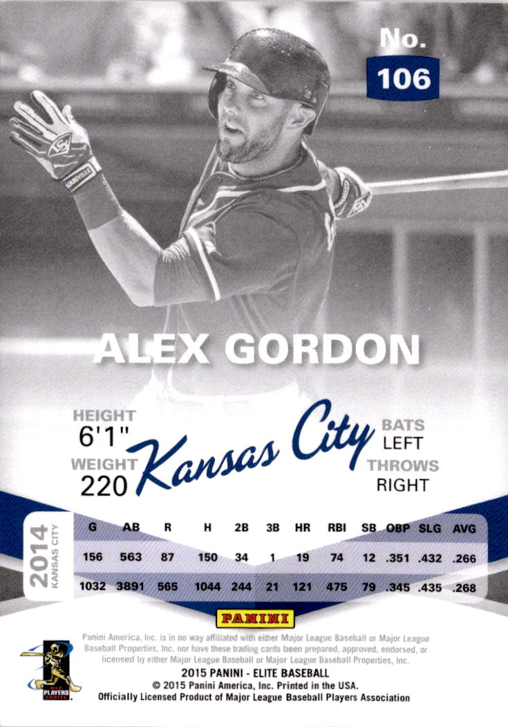 2015 Panini Elite #106 Alex Gordon Status Gold #/49