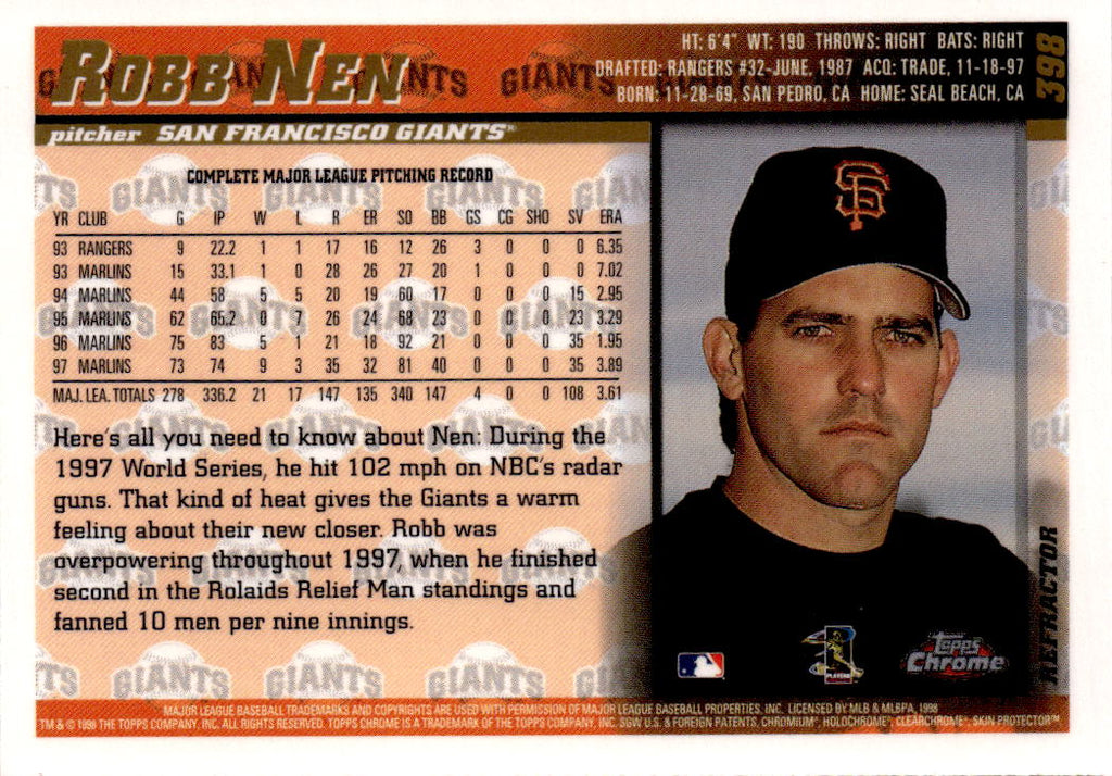 1998 Topps Chrome #398 Robb Nen Refractors