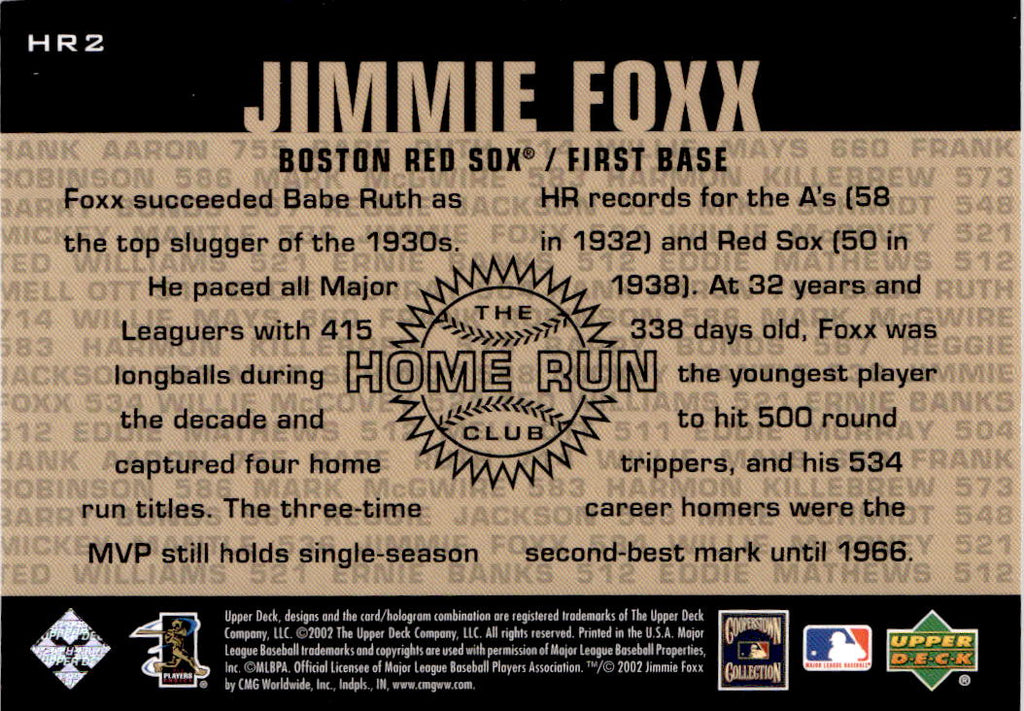 2002 Upper Deck Piece of History #HR2 Jimmie Foxx 500 Home Run Club