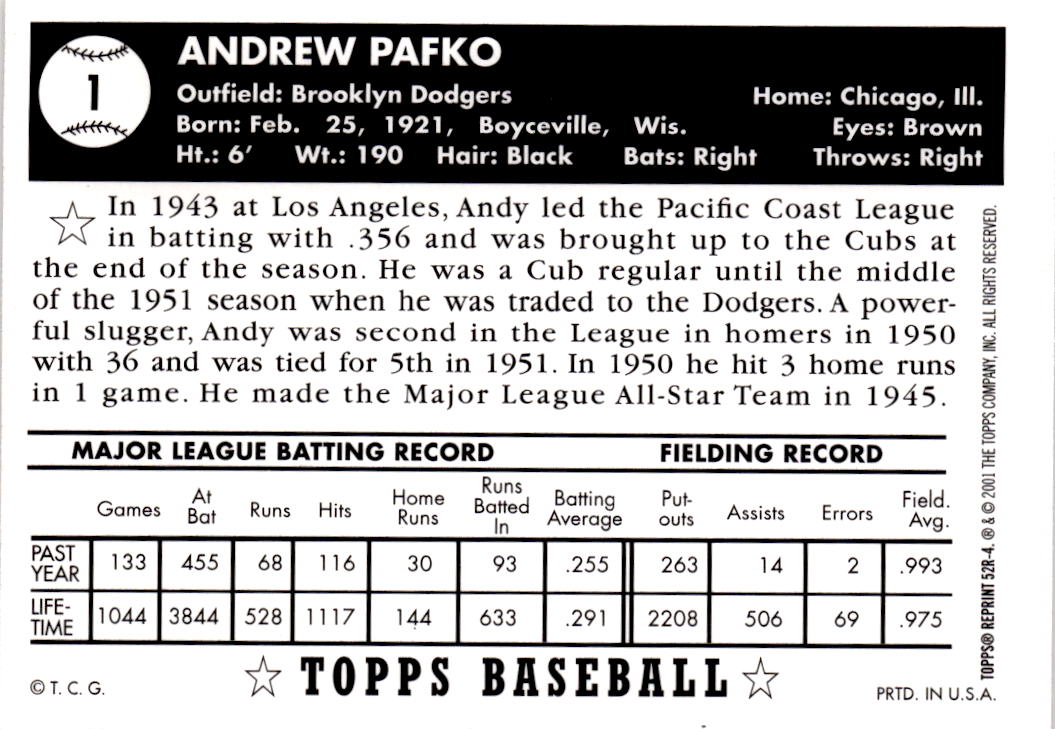 2002 Topps #52R-4 Andy Pafko 1952 Reprints