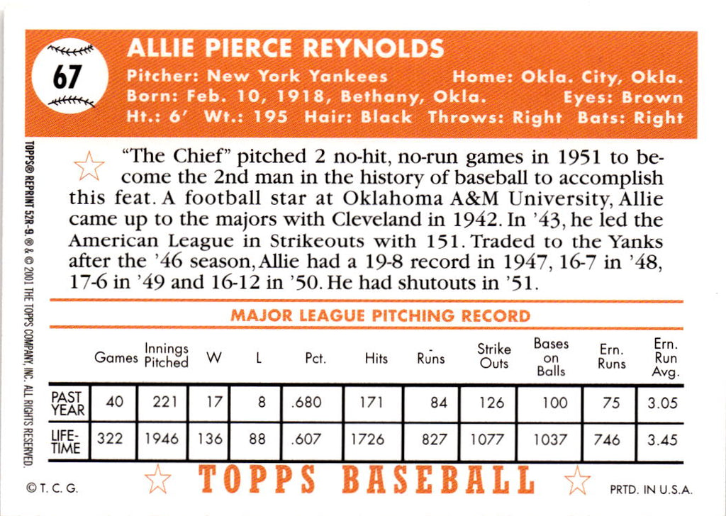 2002 Topps #52R-9 Allie Reynolds 1952 Reprints