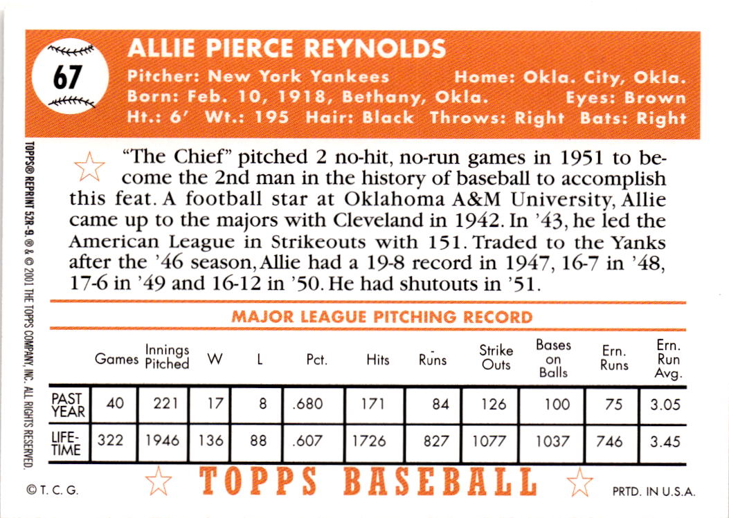 2002 Topps #52R-9 Allie Reynolds 1952 Reprints