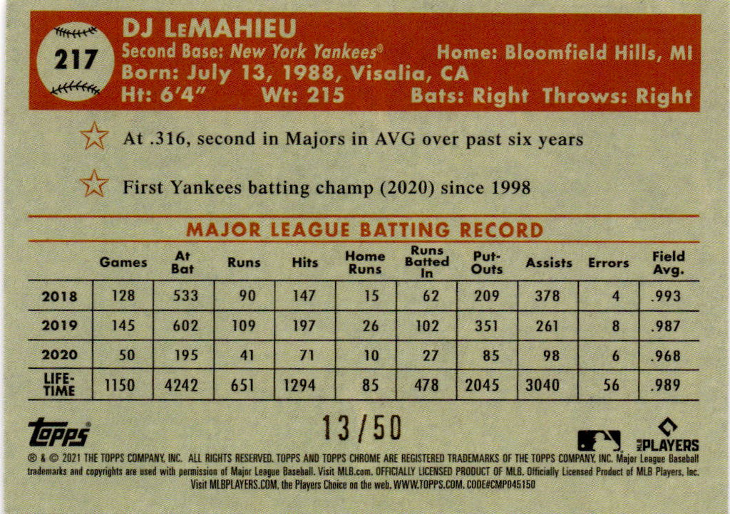 2021 Topps Chrome Platinum Anniversary DJ LeMahieu Gold/Rose Gold Refractor #/50
