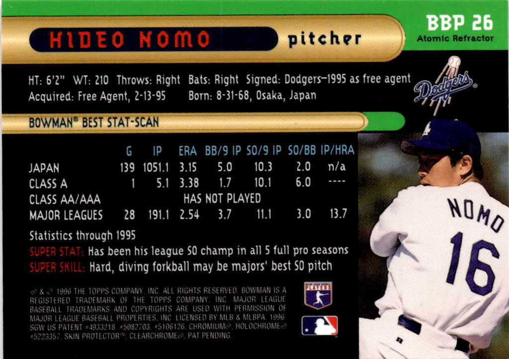 1996 Bowman #BBP 26 Hideo Nomo Bowman's Best Previews Atomic Refractors