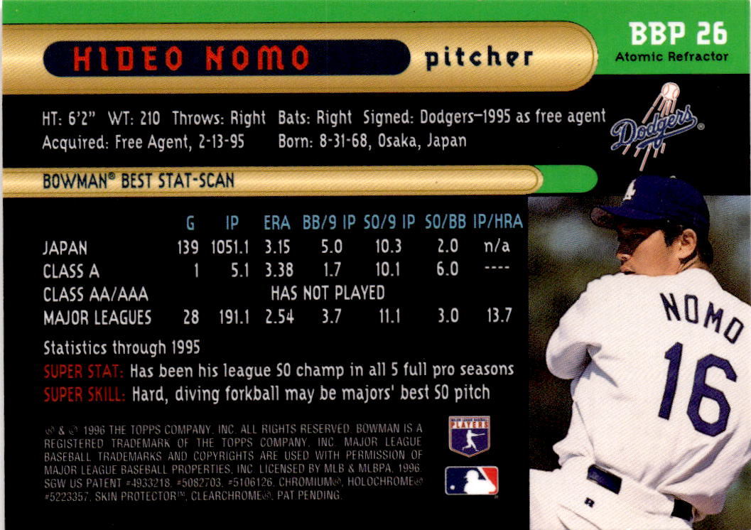 1996 Bowman #BBP 26 Hideo Nomo Bowman's Best Previews Atomic Refractors