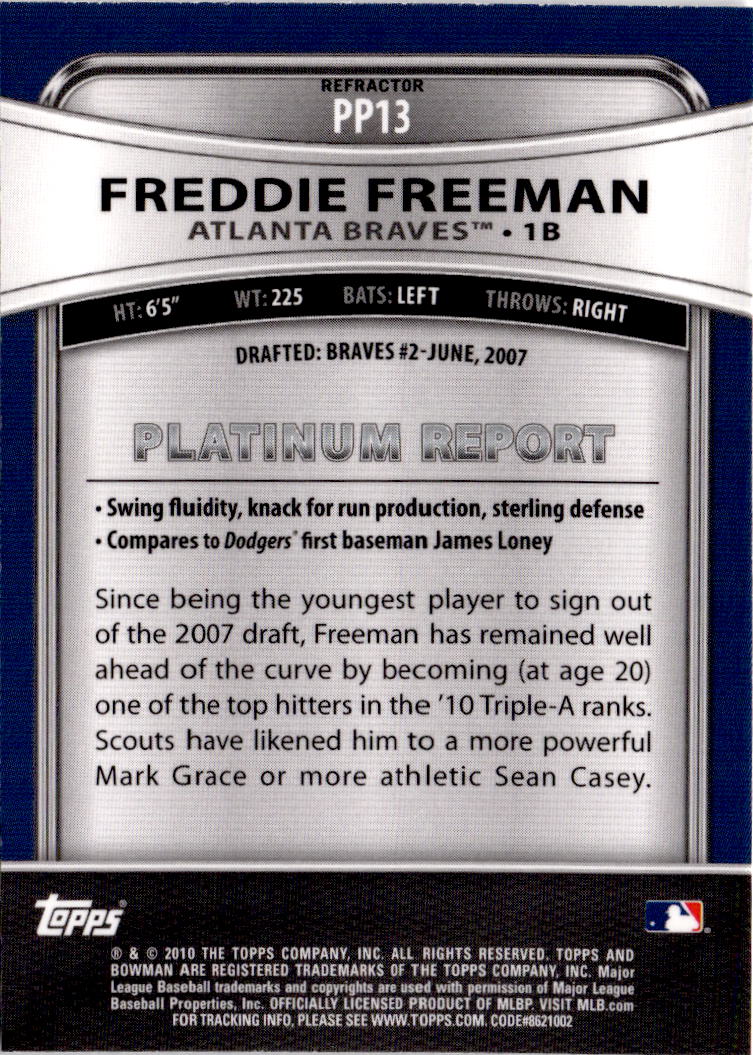 2010 Bowman Platinum #PP13 Freddie Freeman Prospects Purple Refractors
