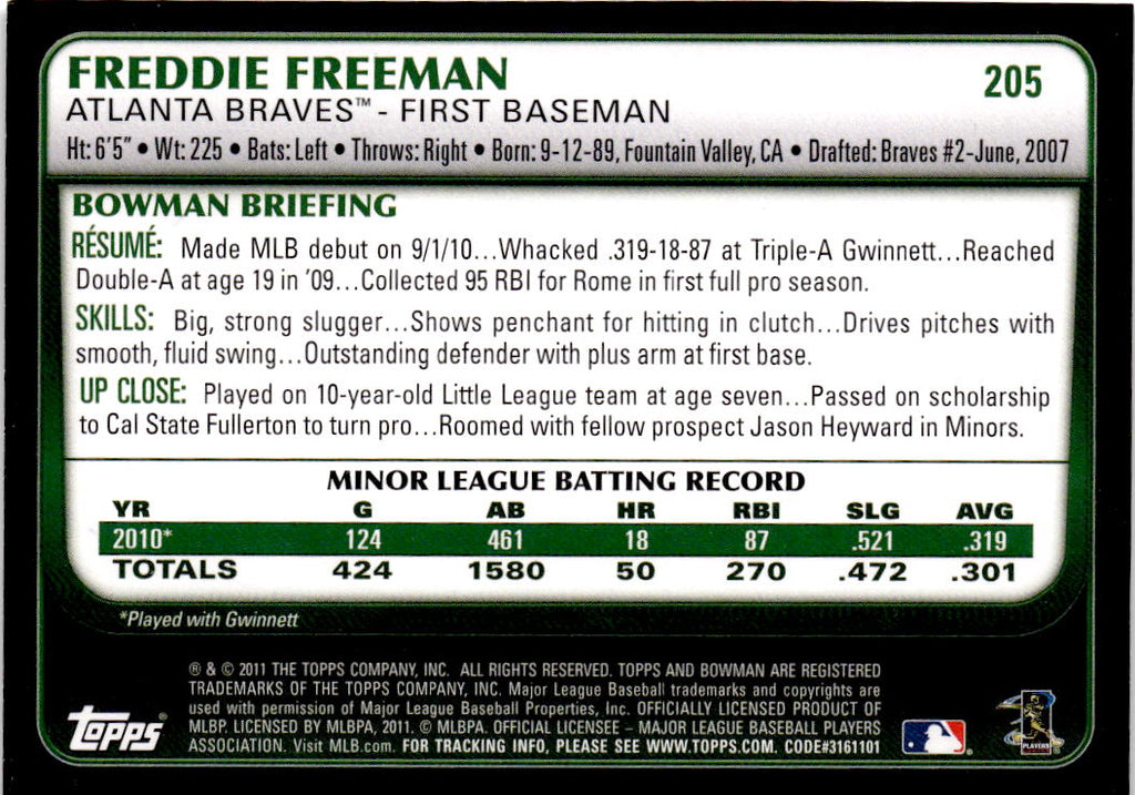 2011 Bowman #205 Freddie Freeman