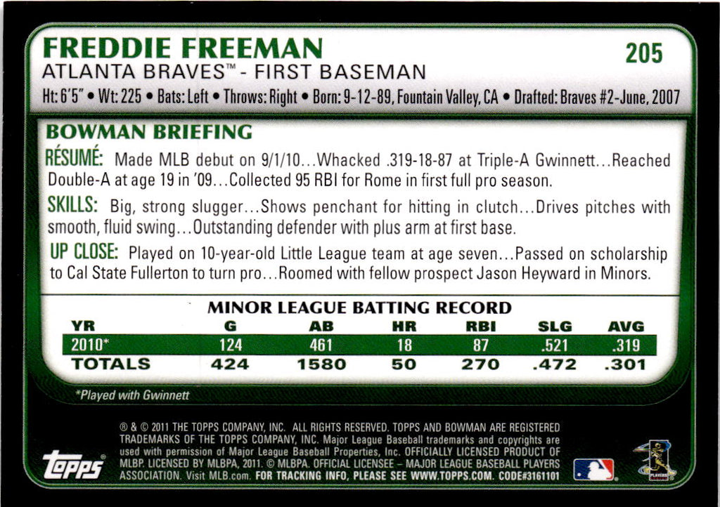 2011 Bowman #205 Freddie Freeman