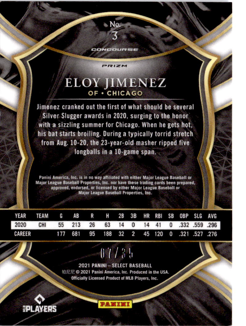 2021 Panini Select #3 Eloy Jimenez Carolina Blue Prizm #/35
