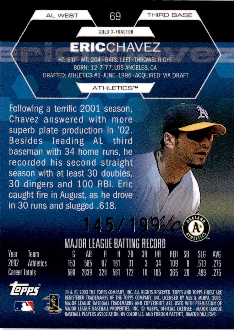 2003 Finest #69 Eric Chavez Uncirculated Gold X-Fractors #/199
