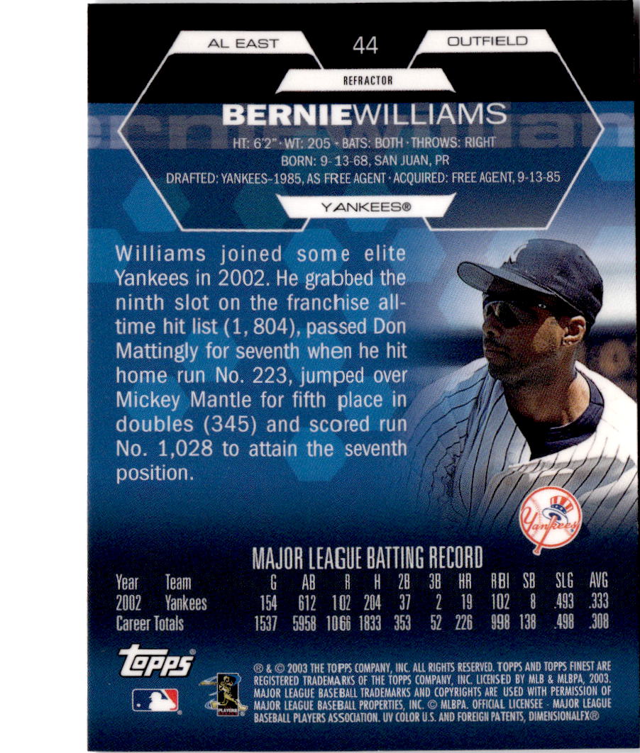 2003 Finest #44 Bernie Williams Refractors