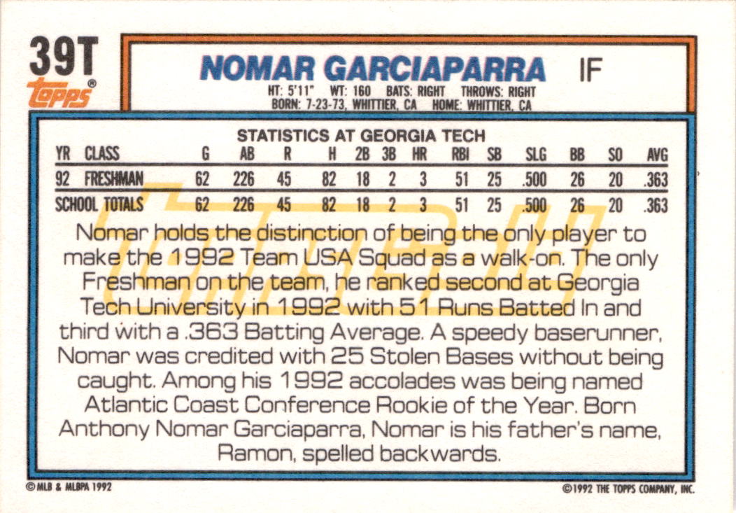 1992 Topps Traded #39T Nomar Garciaparra Gold