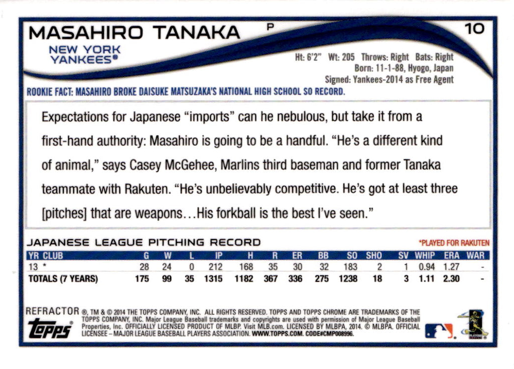2014 Topps Chrome #10 Masahiro Tanaka Purple Refractors