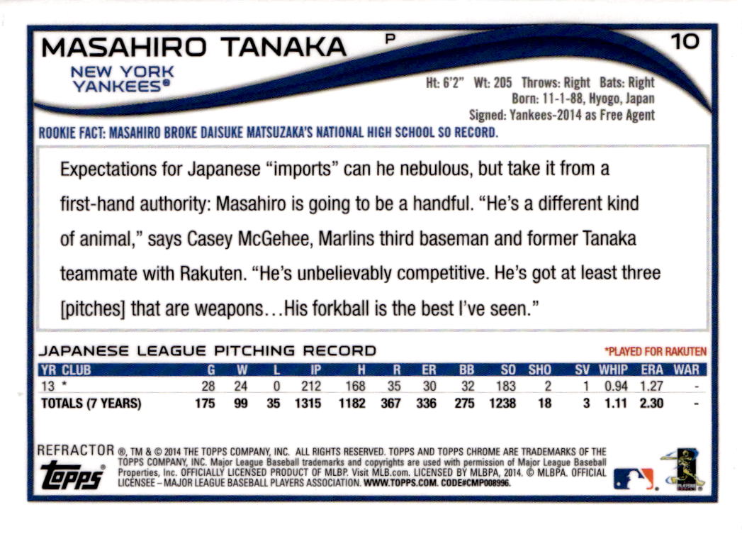 2014 Topps Chrome #10 Masahiro Tanaka Purple Refractors