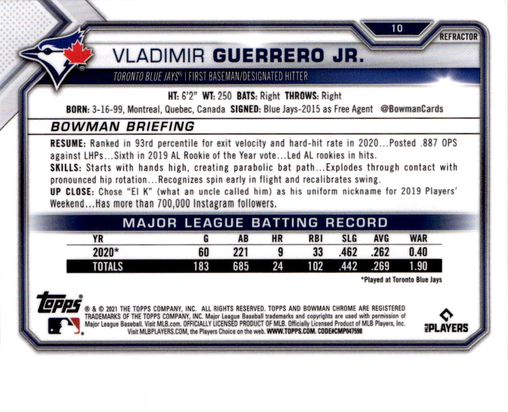 2021 Bowman Chrome #10 Vladimir Guerrero Jr. Refractor #/499