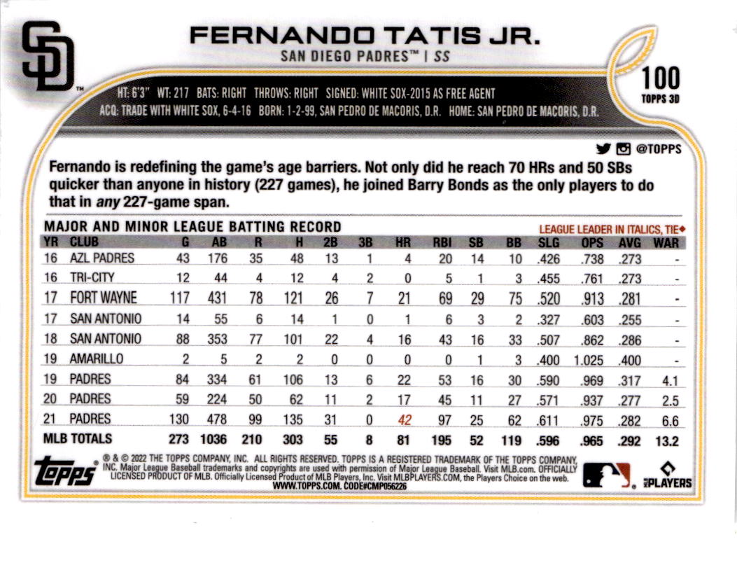 2022 Topps 3D #100 Fernando Tatis Jr.
