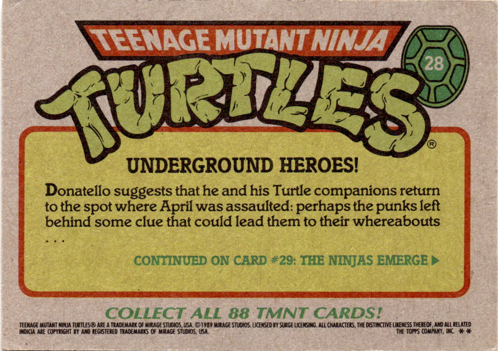 1989 Topps Teenage Mutant Ninja Turtles #28 Underground Heroes!
