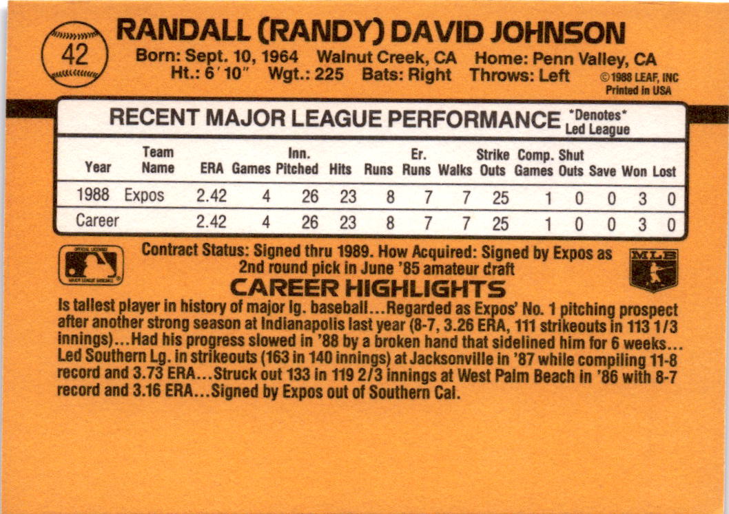 1989 Donruss #42d Randy Johnson