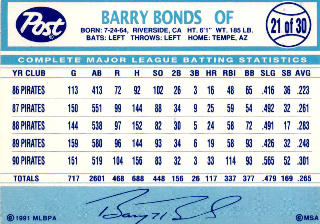 1991 Post Cereal #21 Barry Bonds