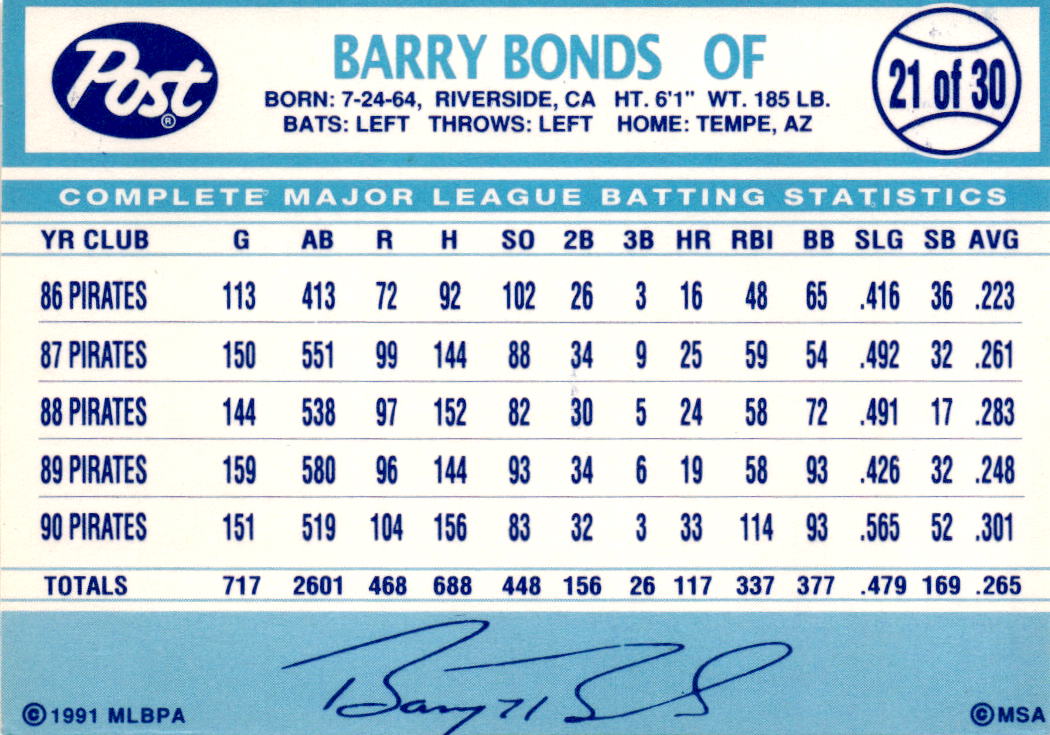 1991 Post Cereal #21 Barry Bonds