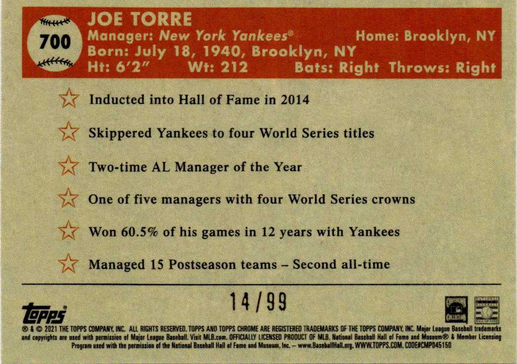 2021 Topps Chrome Platinum Anniversary Joe Torre Green/Yellow Refractor #/99