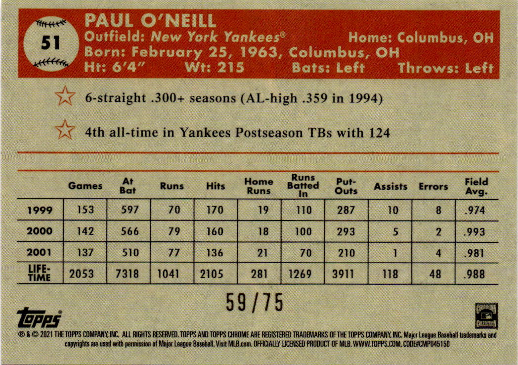 2021 Topps Chrome Platinum Anniversary #51 Paul O'Neill Rose Gold Refractor #/75