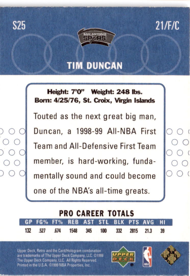 1999-00 Upper Deck Retro #S25 Tim Duncan Old School/New School