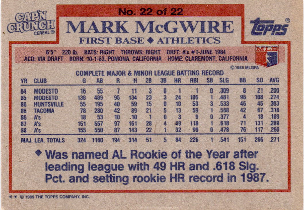 1989 Topps Cap'n Crunch #22 Mark McGwire