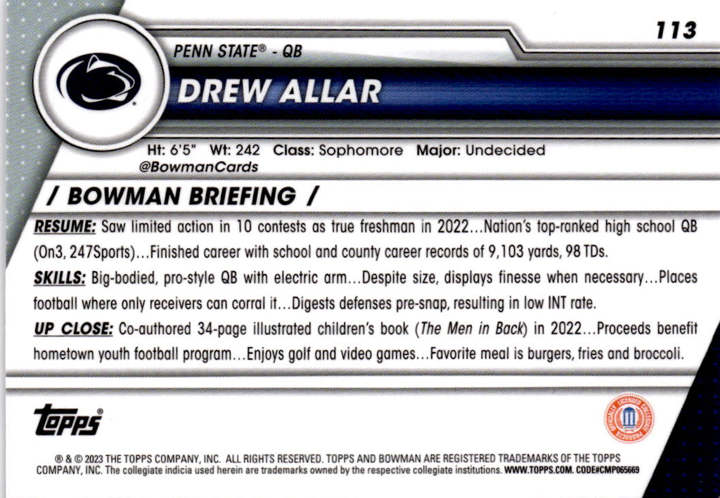 2023 Bowman University Chrome #113 Drew Allar