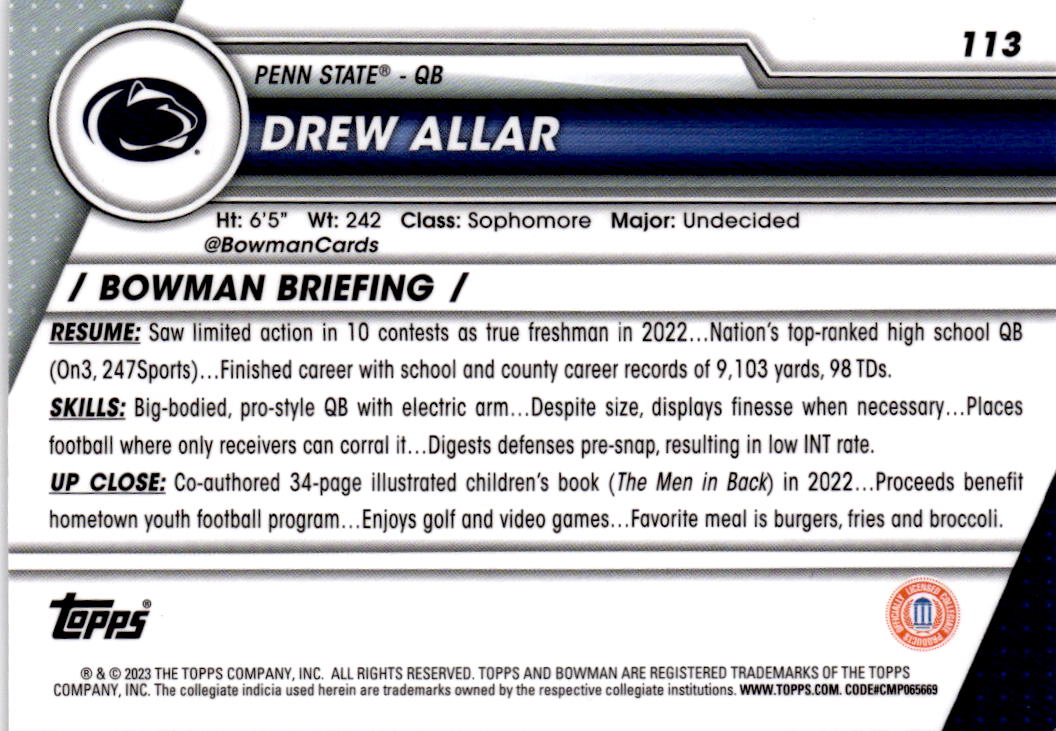 2023 Bowman University Chrome #113 Drew Allar