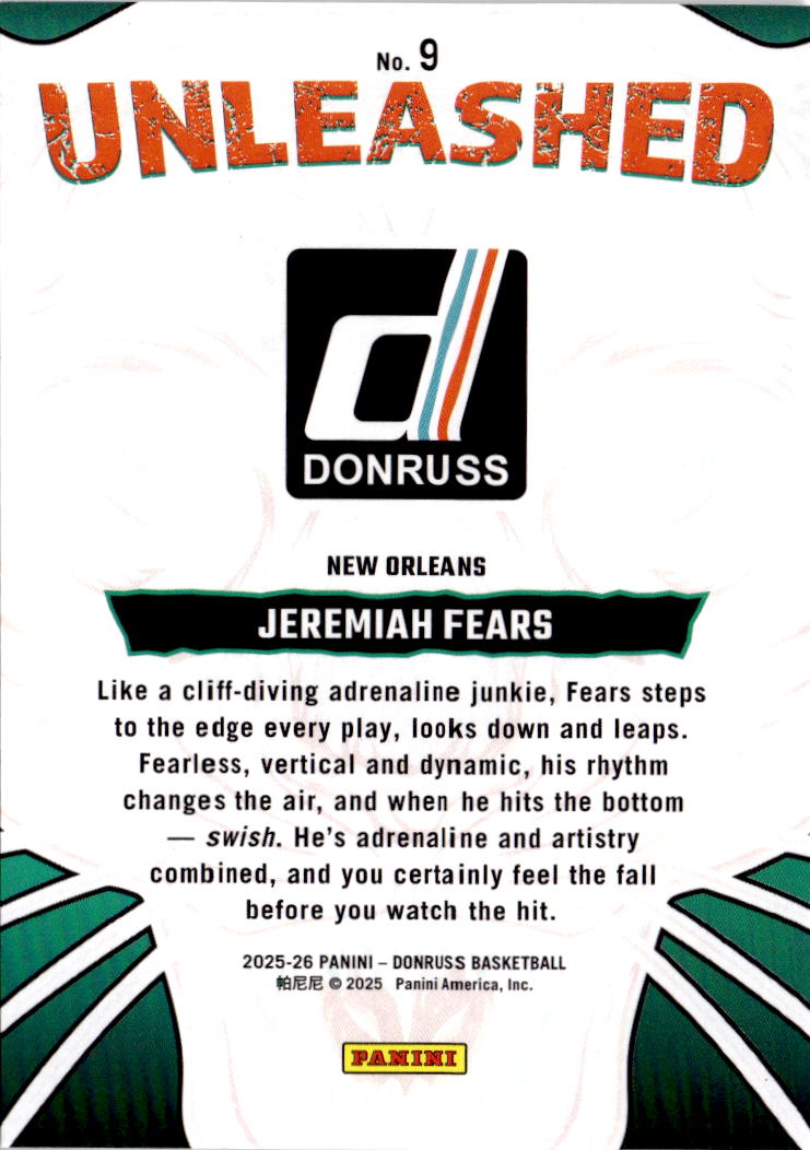 2025-26 Donruss #9 Jeremiah Fears Unleashed