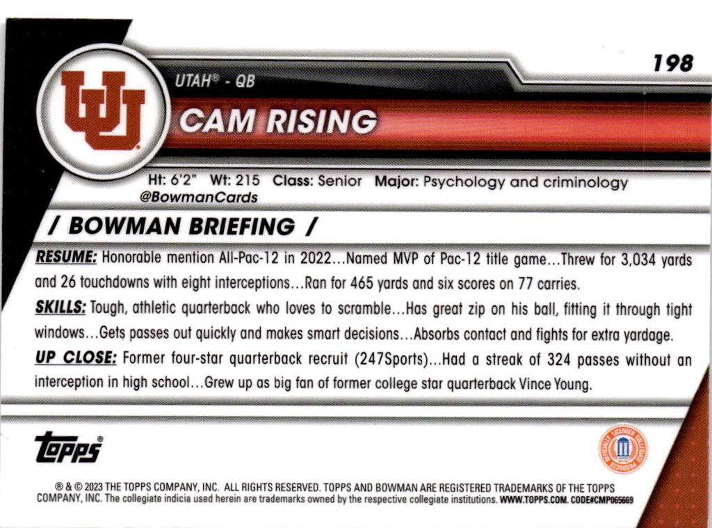 2023 Bowman University Chrome #198 Cam Rising