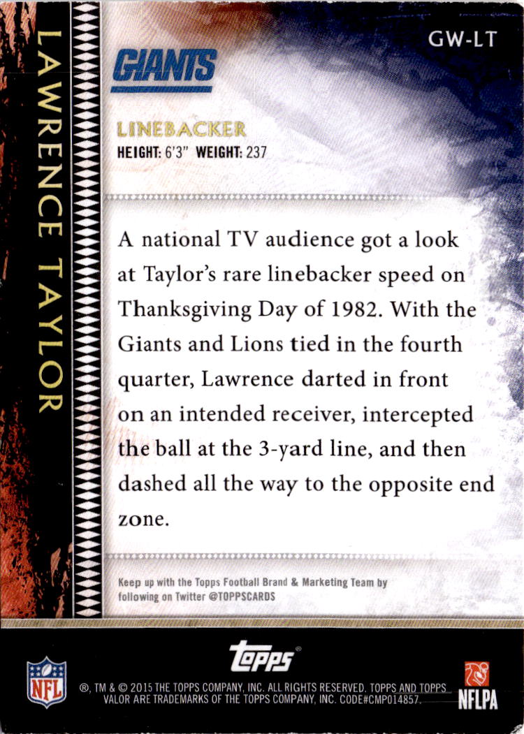 2015 Topps Valor #GW-LT Lawrence Taylor Gridiron Warriors