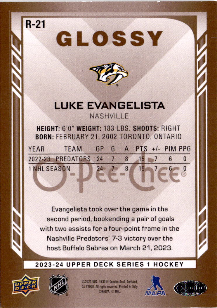 2023-24 Upper Deck #R-21 Luke Evangelista O-Pee-Chee Glossy