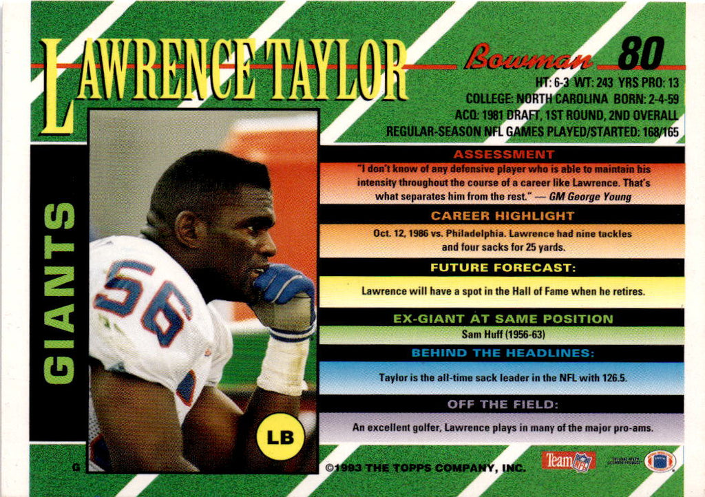 1993 Bowman #80 Lawrence Taylor