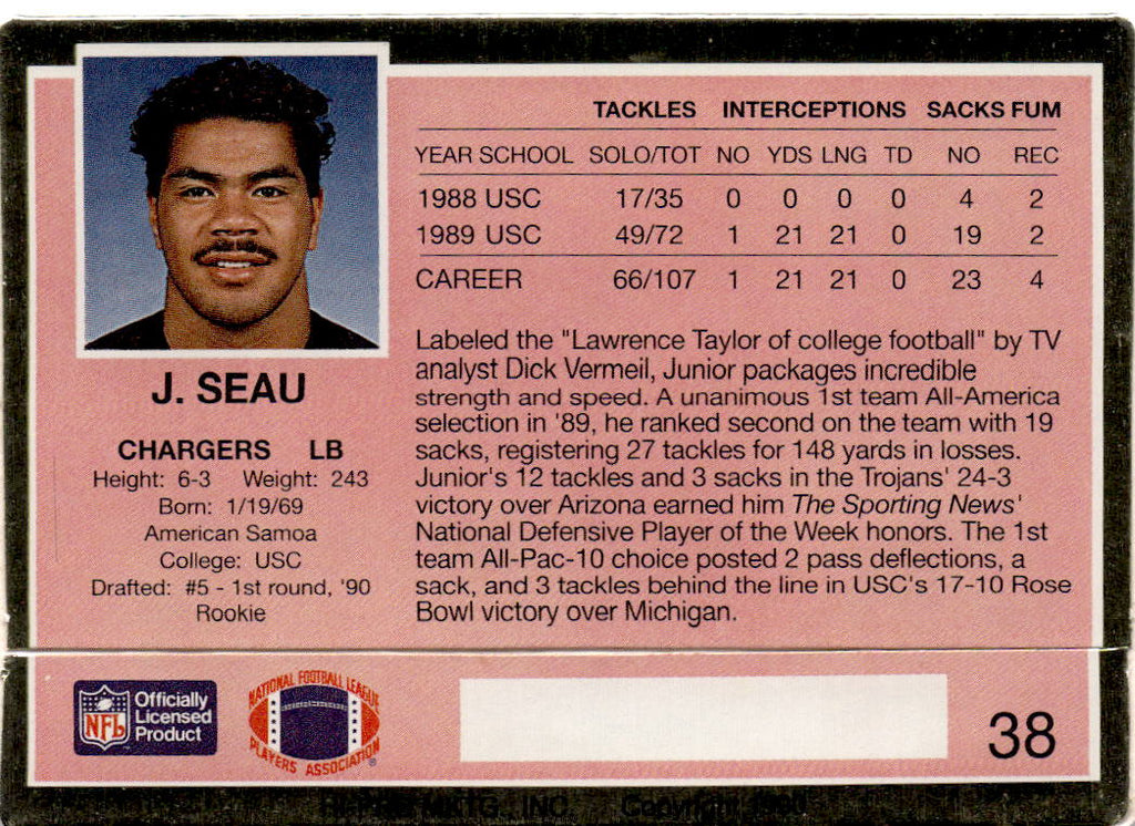1990 Action Packed Rookie/Update #38 Junior Seau