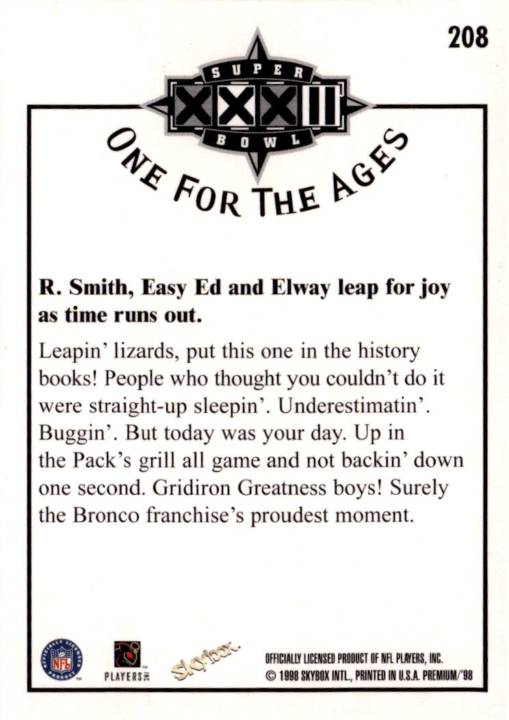 1998 SkyBox Premium Rod Smith, Easy Ed and Elway leap for joy... OFA, SBXXXII