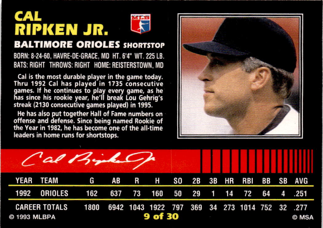 1993 Post Cereal #9 Cal Ripken Jr.