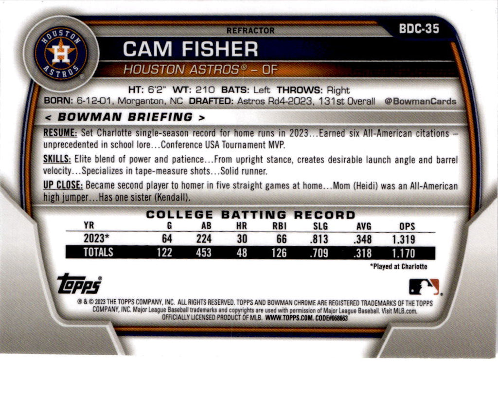 2023 Bowman Draft #BDC-35 Cam Fisher Chrome Refractor