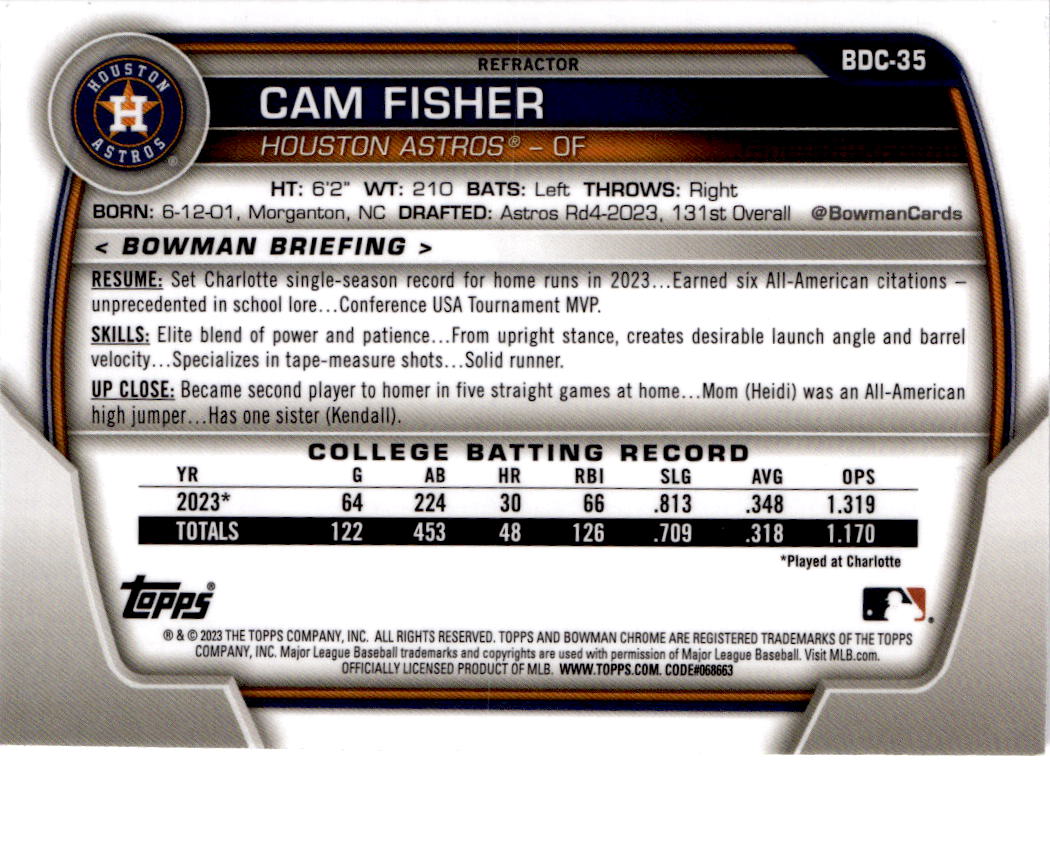 2023 Bowman Draft #BDC-35 Cam Fisher Chrome Refractor