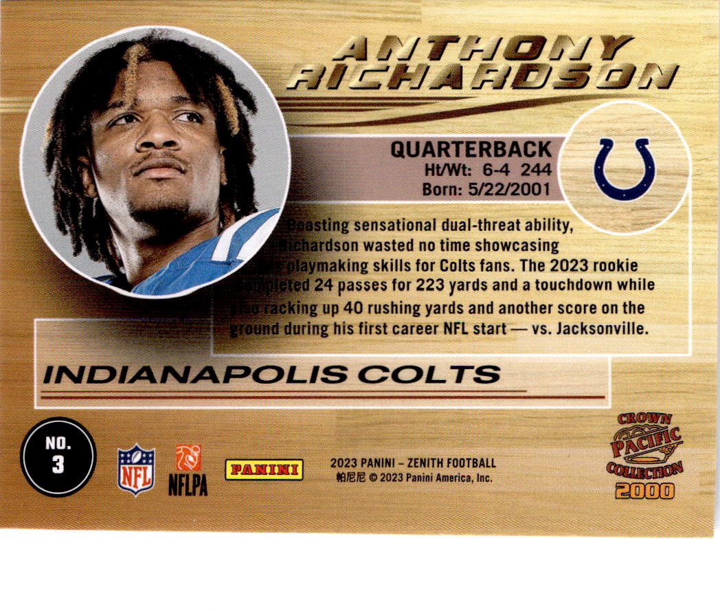 2023 Panini Zenith #3 Anthony Richardson Pacific Revolution
