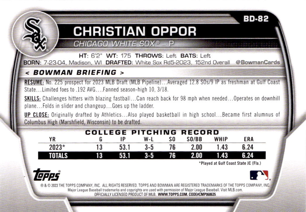 2023 Bowman Draft #BD-82 Christian Oppor Sky Blue #/499