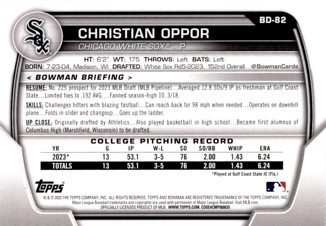 2023 Bowman Draft #BD-82 Christian Oppor Sky Blue #/499